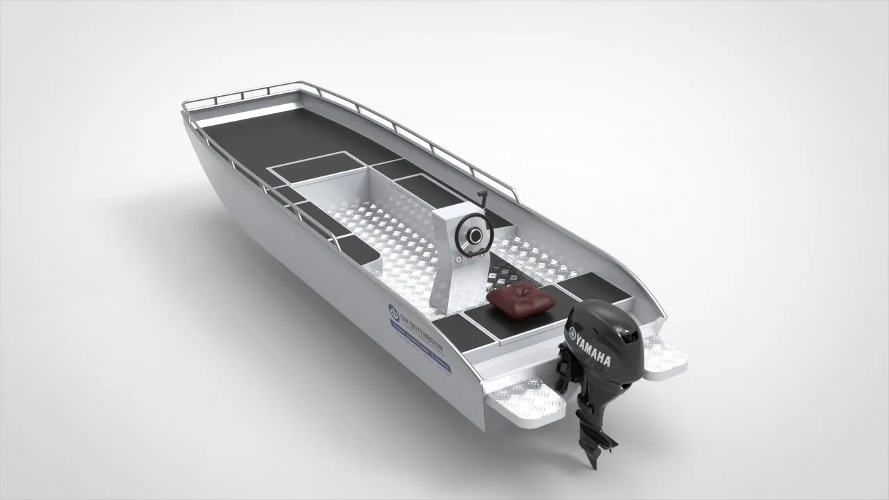 CAD-ontwerp van een aluminium punter met Yamaha-motor